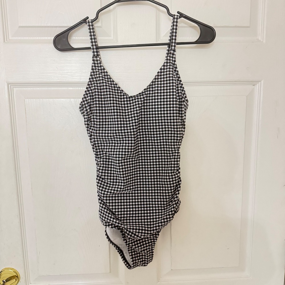 Kona Sol Womens XS‎ Gingham One Piece Swimsuit Black White V-Neck Ruched